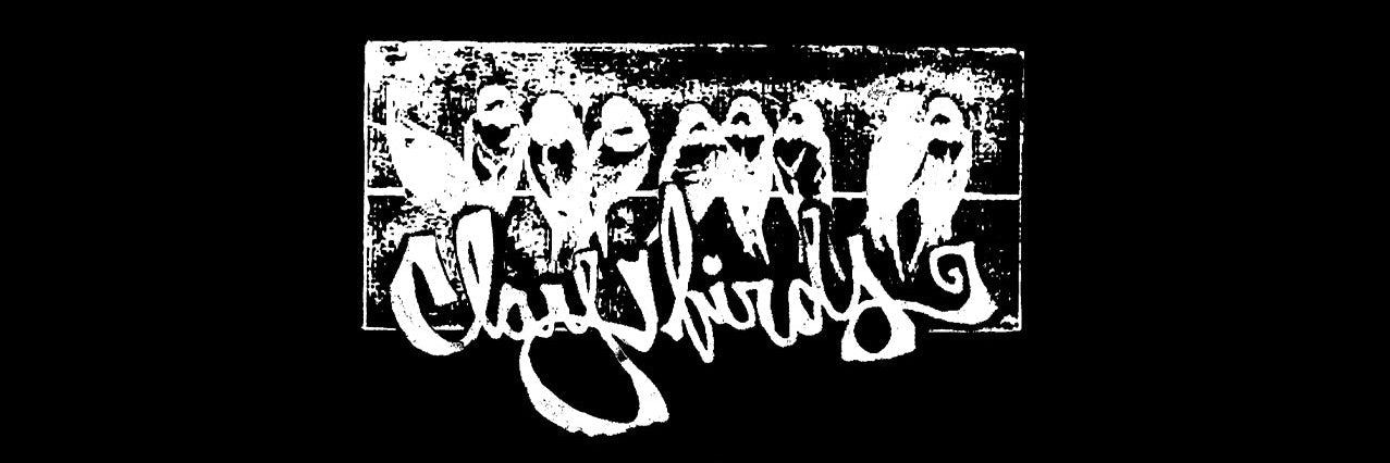 Black and white logo with stylized text on a black background